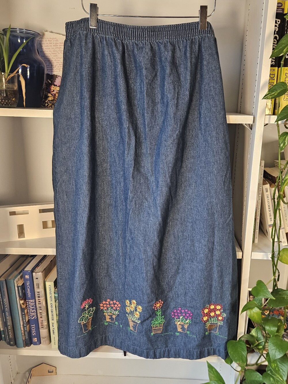 Vintage Blue Denim Midi Skirt Floral Embroidery Size 12 Cottagecore Whimsy Fall